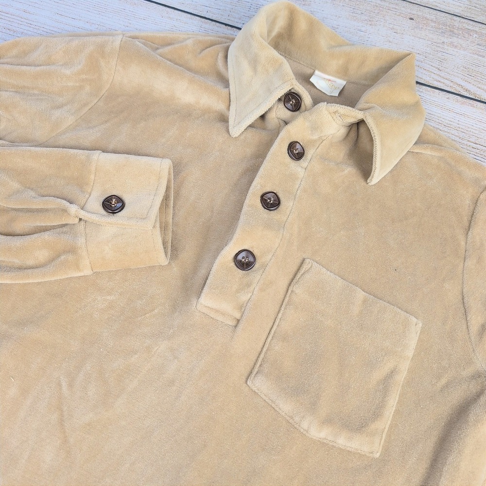 Vintage 70s Jantzen Mens Velour dagger Shirt Tan Long Sleeve Made in USA Size M